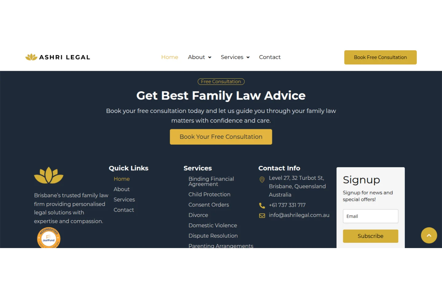 Ashri Legal about page — Brisbane law firm web design
