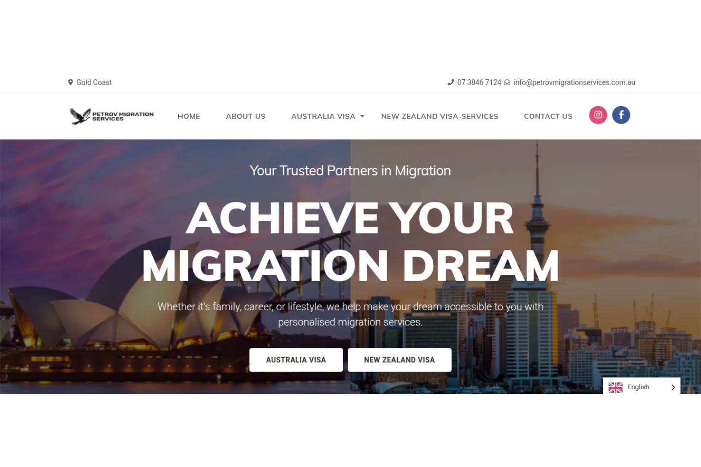 Petrov Migration Services homepage — English and Russian bilingual website