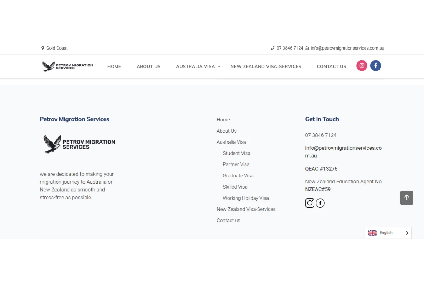 Petrov Migration Services contact page design